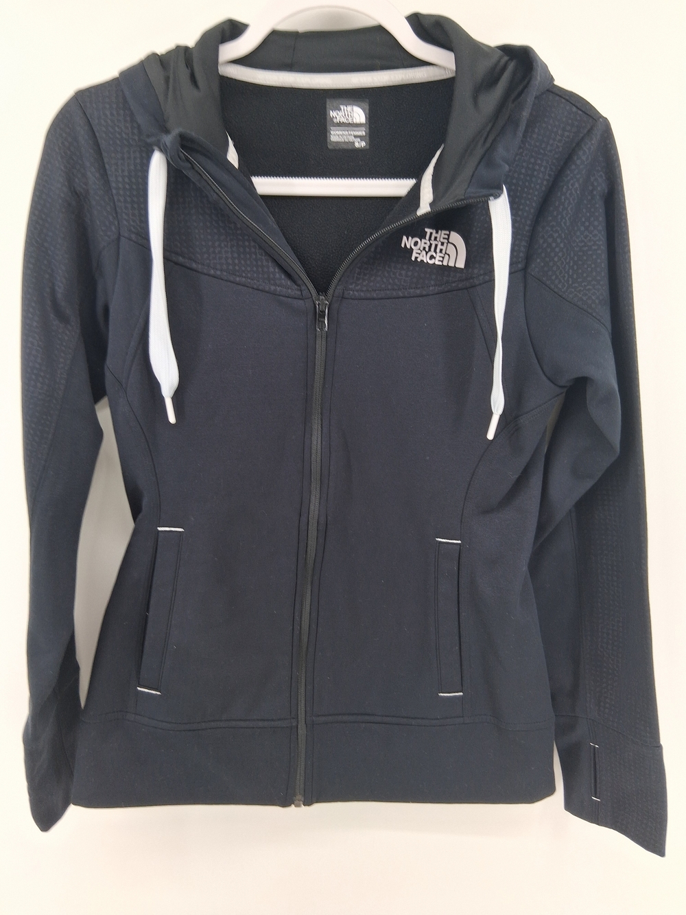 The North Face Black Hooded Zip-Up Sweatshirt with White Drawstrings